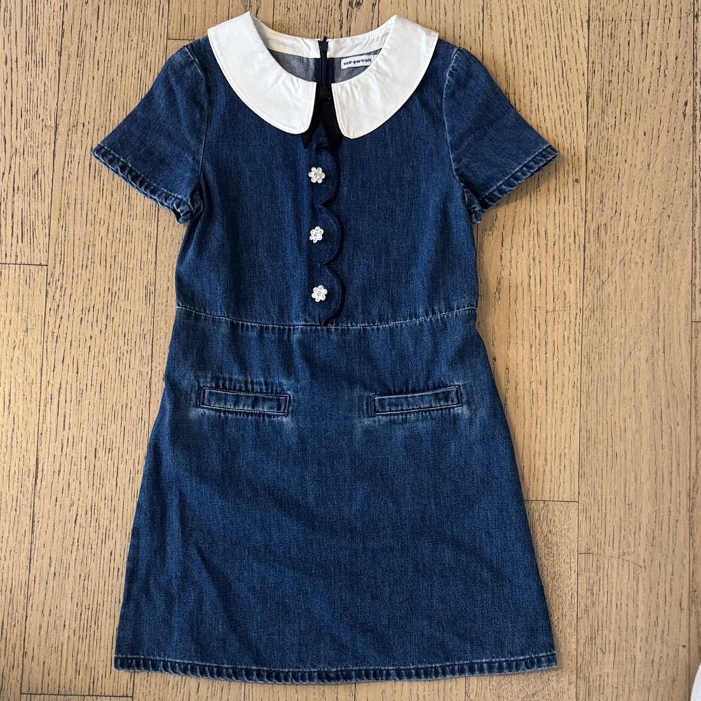 SELF-PORTRAIT Scalloped Denim Kids Dress with White Collar, size 10-12